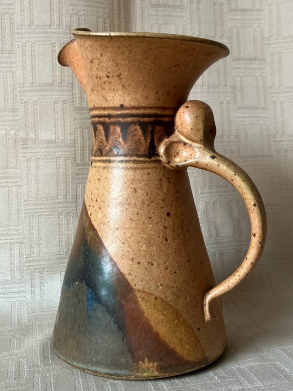Vintage Pottery Pitcher, Studio Pottery, Salt Glaze 8" Tall Earth Tones